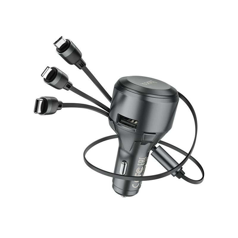 Hoco Car Charger “S27 Tributo” With 3-In-1 Cable USB Type C, Lightening C for iPhones & Micro USB (Type D) | Black & White
