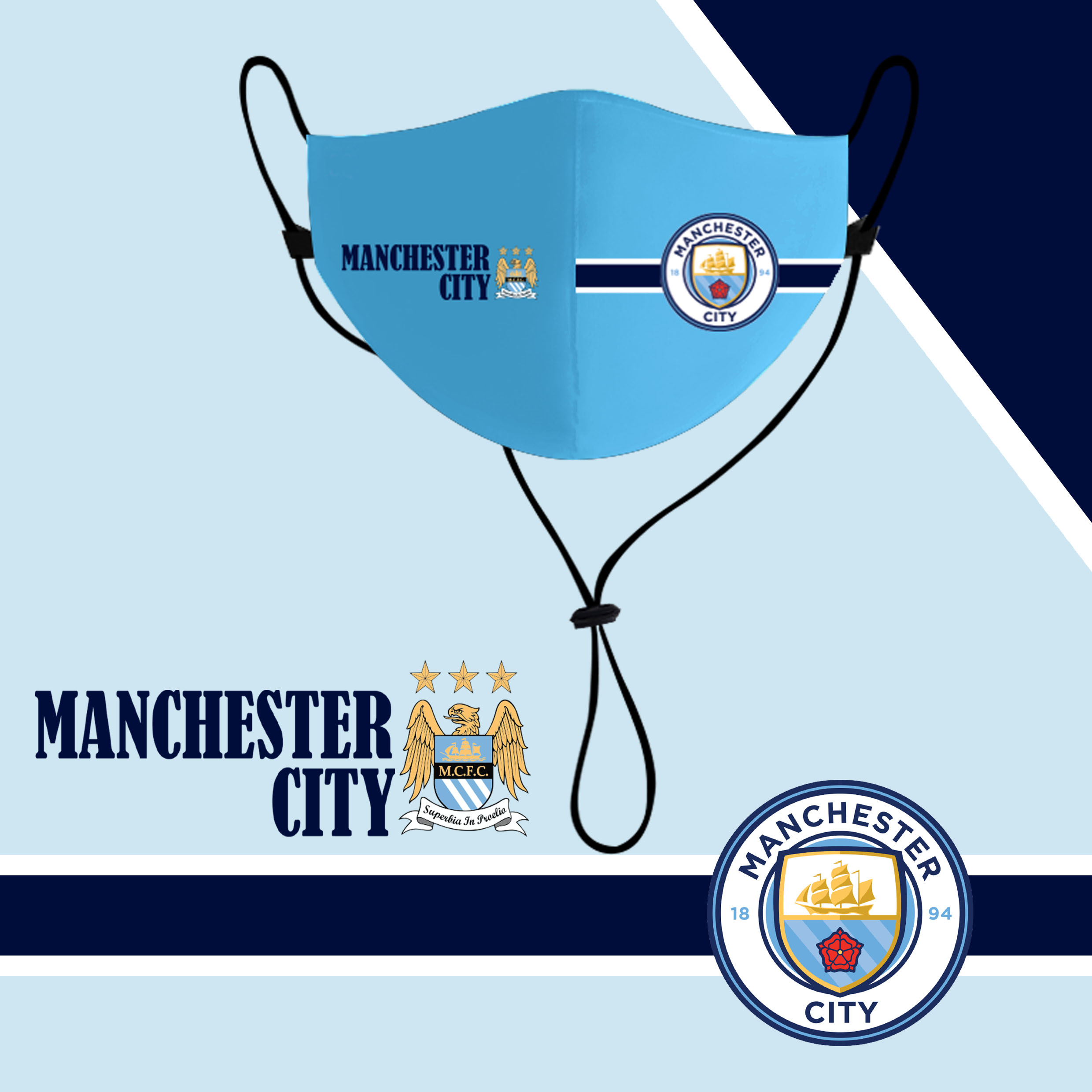 Premiere League Clubs Mask with Neck Strap, Washable Face Mask With Neck Strap, Premier League Clubs Mask | Manchester City Washable Mask