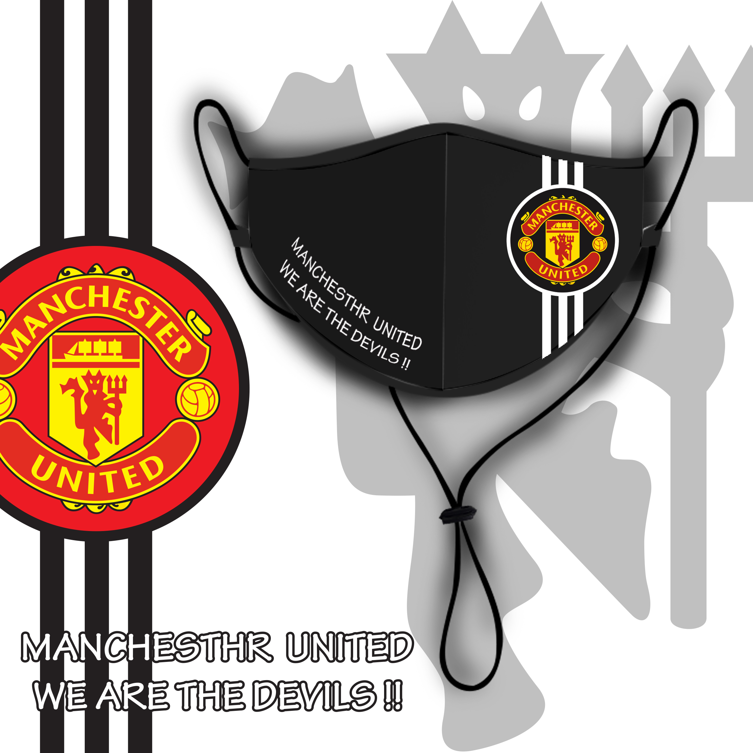Premiere League Clubs Mask with Neck Strap, Washable Face Mask With Neck Strap, Premier League Clubs Mask | Manchester United Washable Mask
