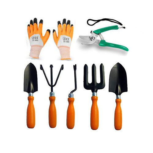 7 Pieces Gardening Tools Set for Home, Quality Gardening Work Kit of Cultivator, Hand Rack, Weeder, Trowel, Pruner Garden Tool Kit  (7 Tools)