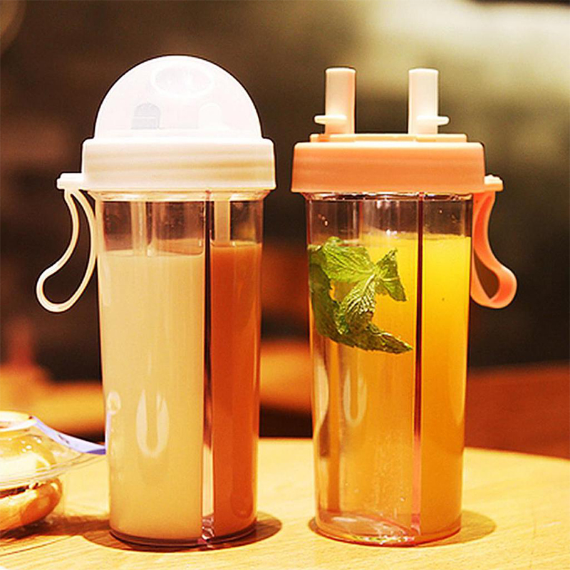 Portable Dual Straw Two Separate Containers Divided Water Bottle
