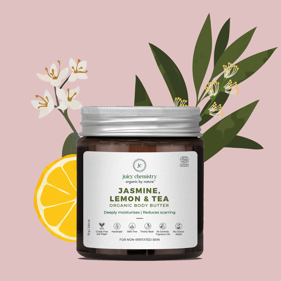 Juicy Chemistry Jasmine, Lemon & Tea Organic Body Butter - For Damaged & Scarred Skin - 75gm/2.65oz