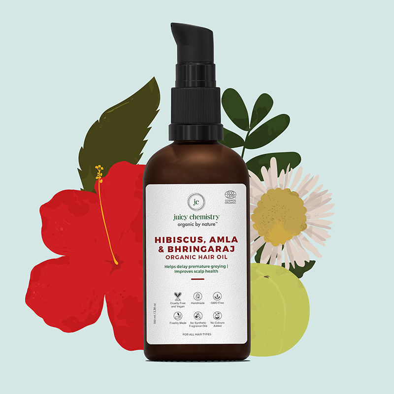 Juicy Chemistry Hibiscus, Amla & Bhringaraj Organic Hair Oil For Pre Mature Greying & Damaged Hair