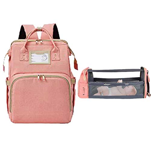 Living Traveling Share - 3 in 1 Portable Baby Diaper Backpack with Diaper Changing Pad Multifunction Foldable Baby Bed - Peach
