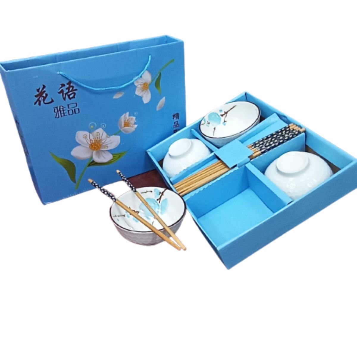 Tableware Set Gift Box with Rice Bowls And Chopsticks - 4Pcs - Blue