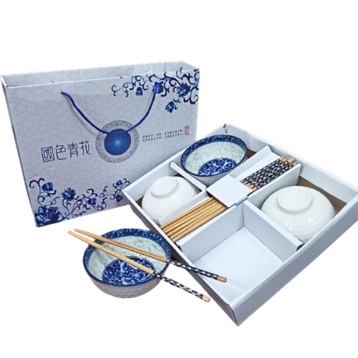 Tableware Set Gift Box with Rice Bowls And Chopsticks - 4Pcs - White