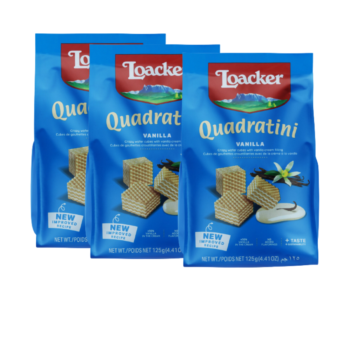 Loacker Quadratini Vanilla - Crispy Wafer Cubes - 125g X 18 Pkts - Wholesale