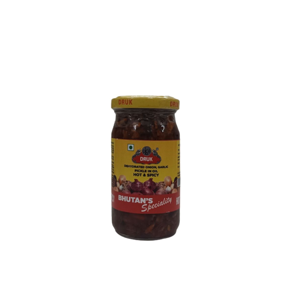 Druk Dehydrated Onion, Garlic Pickle In Oil - Hot & Spicy - 200g