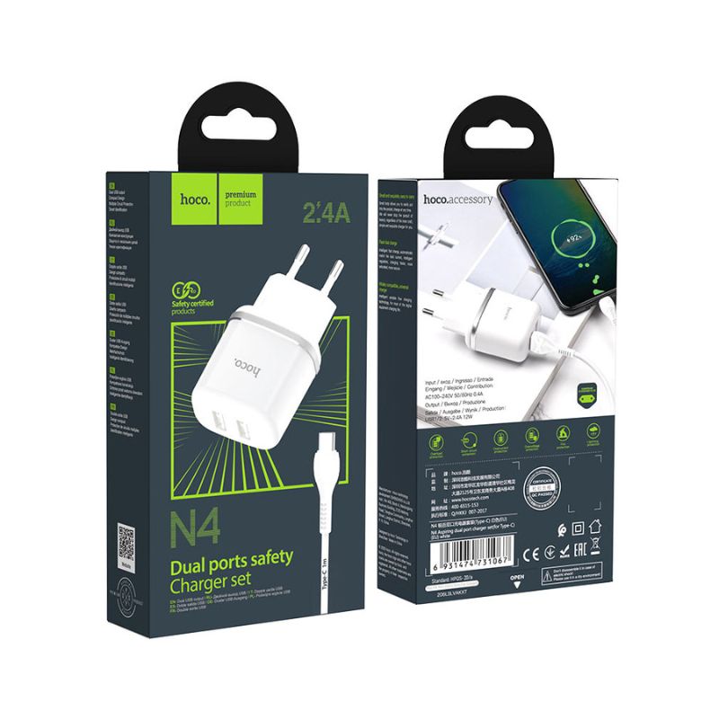 Hoco Dual Ports Safety Charger Set - N4 - iPhone - White