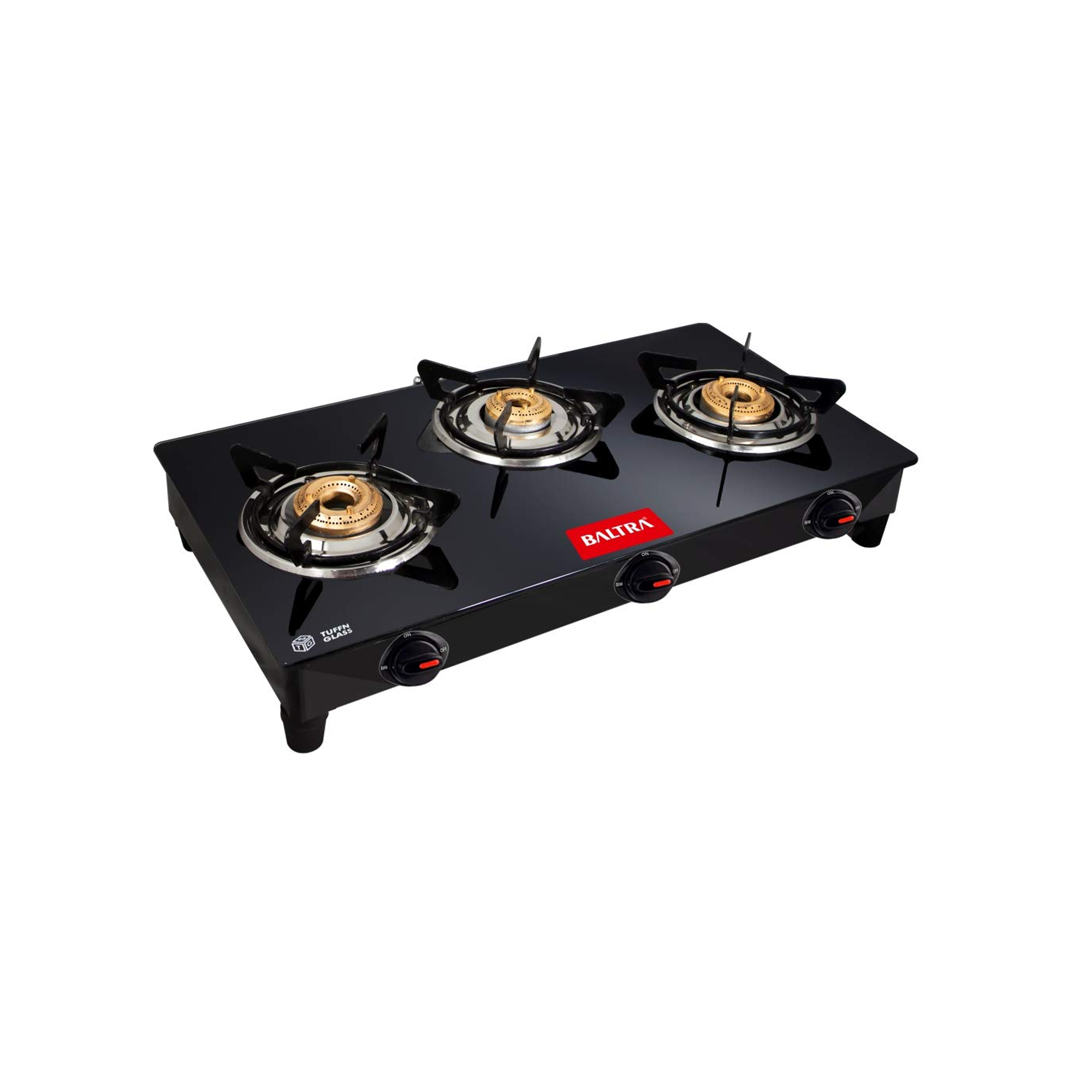 Baltra Auto Ignition Black Glass Top Gas Stove with Brass 3 Burners, Stylish and Durable kitchen Essential